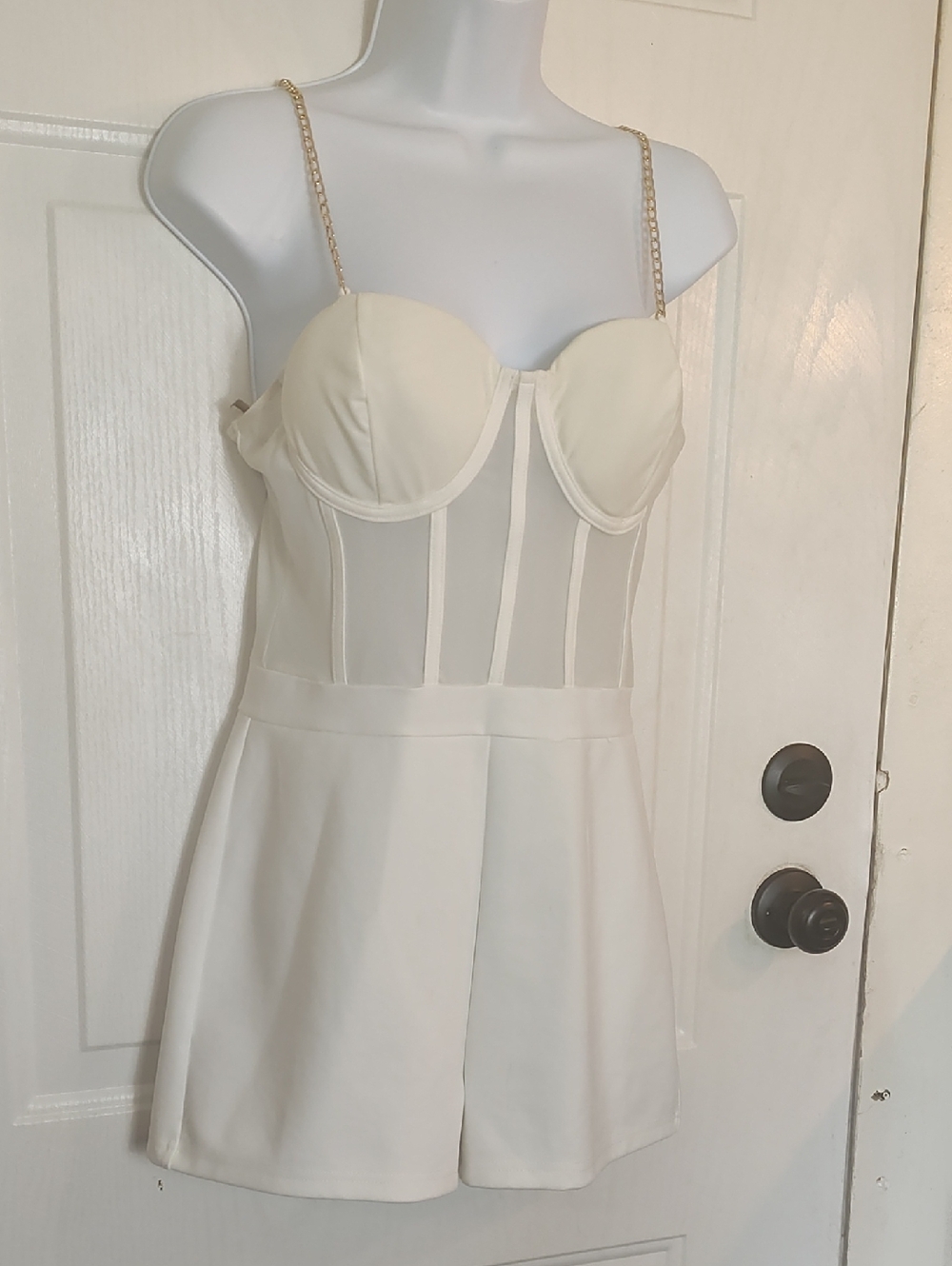 Ivory Chain-Strap Mesh Bodice Romper